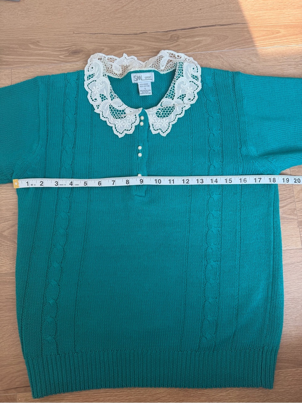 Vintage Teal Knit Top with White Lace Collar - Picture 3 of 5